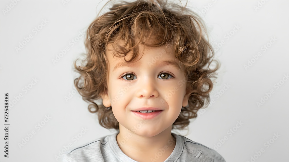 Portrait of a Smiling Young Child with Curly Hair. Joyful Expression, Innocent Look. Ideal for Family Content. Simple Style. Stock Photography. AI Portrait of a Smiling Young Child with Curly Hair. Joyful Expression, Innocent Look. Ideal for Family Content. Simple Style. Stock Photography. AI