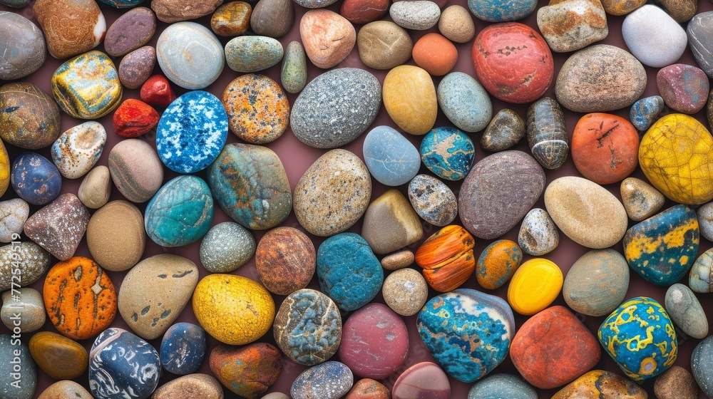 a pile of colorful rocks sitting on top of a red table next to another pile of rocks on top of each other.