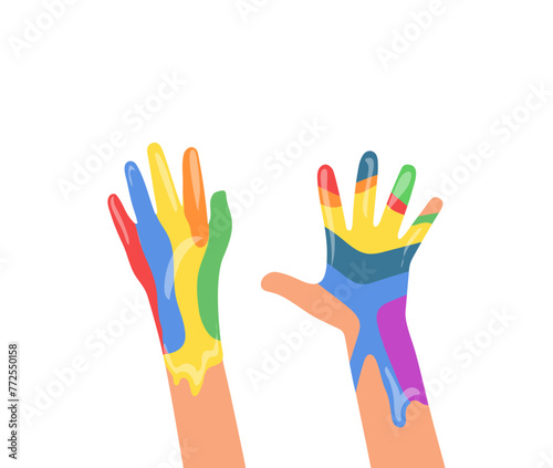 Set of cute rainbow paints colored human hands raised up vector illustration over white background