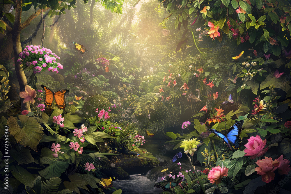A lush green forest with a variety of butterflies and flowers
