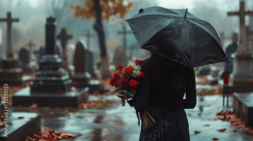 Solitary figure at a cemetery on an autumn day, holding flowers under an umbrella, evoking melancholy and remembrance. Atmospheric mood captured. AI