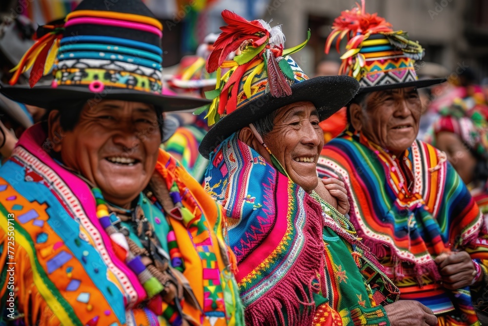 A diverse group of people wearing vivid and bright colored outfits and hats, showcasing a celebration of culture and diversity