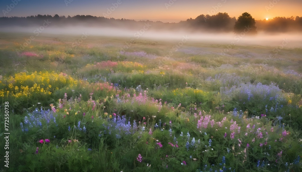 Fog Rolling In Over A Field Of Wildflowers Creati
