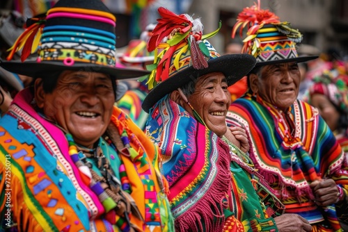 A diverse group of people wearing vivid and bright colored outfits and hats, showcasing a celebration of culture and diversity © Konstiantyn Zapylaie