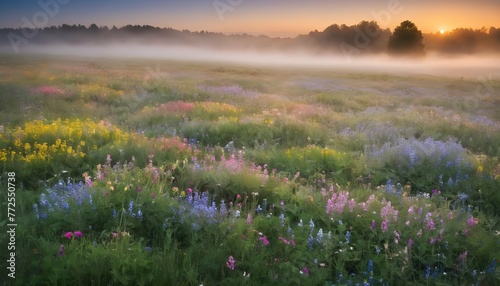 Fog Rolling In Over A Field Of Wildflowers Creati