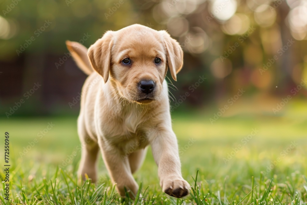 A lively ginger Labrador puppy with a wagging tail joyfully running through the vibrant green grass of a park, enjoying the freedom and fresh air