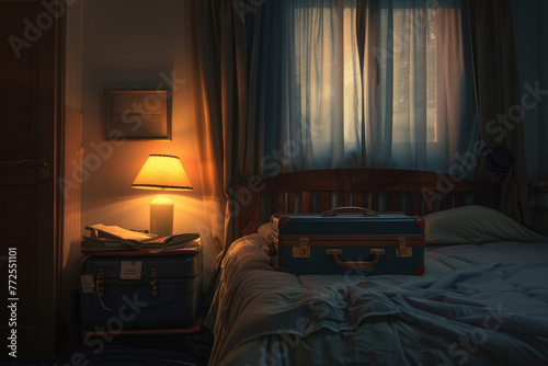 A bedroom with a suitcase on the bed and a lamp on a nightstand photo