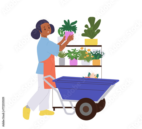 Child cartoon character caring for home flowers in greenhouse putting pots on rack using wheelbarrow