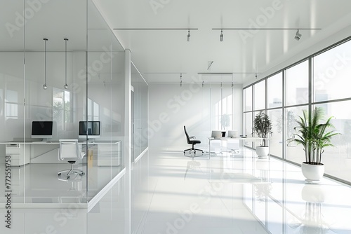 Modern office with glass partition and chic white flooring for stylish work environment