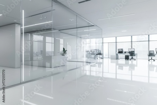 Stylish modern office interior with glass partition and chic white flooring for a sleek workspace