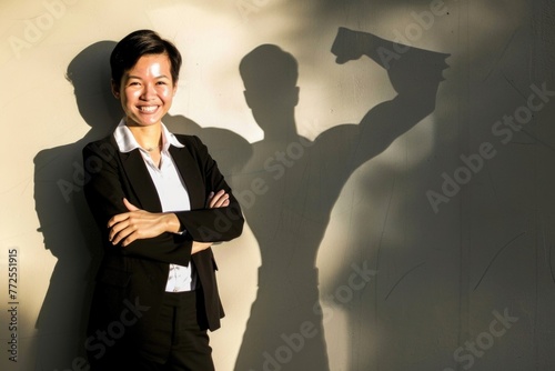 A woman confidently stands in front of a shadow resembling a man