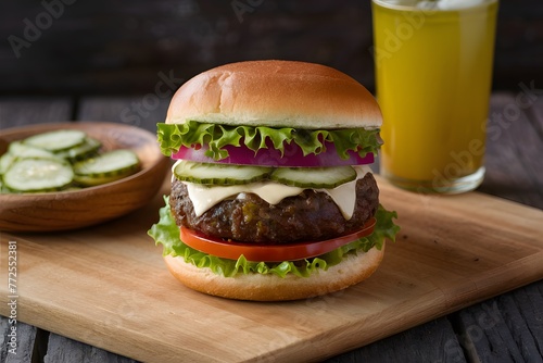 Veggie burger with lettuce, tomato, and pickle on bun photo