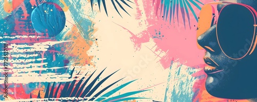 Summer party flyer background with girl face in sunglasses, palm leaf, colored strokes and copy space. Pop art colored banner for summer vibes, travel, vacation, menu. photo