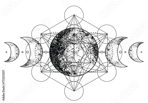 Metatron Cube. Moon pagan Wicca moon goddess symbol. Three-faced Goddess, Maiden, Mother, Crone isolated vector illustration. Tattoo, astrology, alchemy, boho and magic symbol. Coloring book.. photo