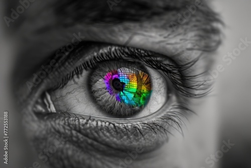 A detailed close-up of a persons eye reveals a mesmerizing rainbow-colored iris