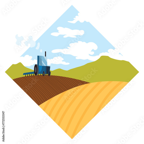 Tractor plows the ground. Illustration of farmland cultivation