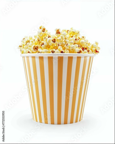 A single popcorn bucket, with golden color filled to the brim with yellow orange colored popcorn against a white background. The photo is taken from an angle that shows both sides of the paper  (ID: 772553950)
