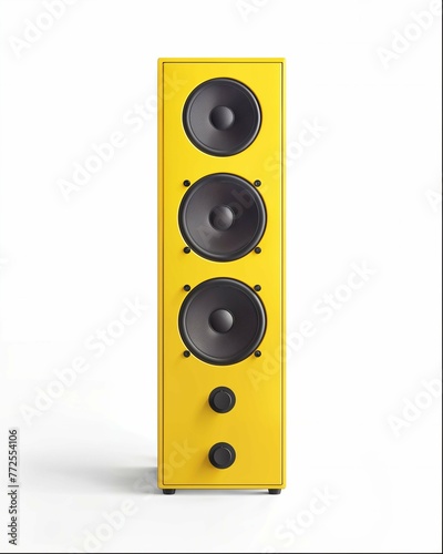 a yellow floor standing bookshelf with two big speakers, product photography, white background, studio lighting, front view (ID: 772554106)