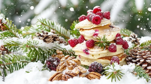 a stack of pancakes sitting on top of a pile of pine cones covered in raspberries and pine cones.