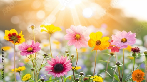 Wallpaper Mural a field full of colorful flowers with the sun shining through the leaves of the flowers in the backround. Torontodigital.ca