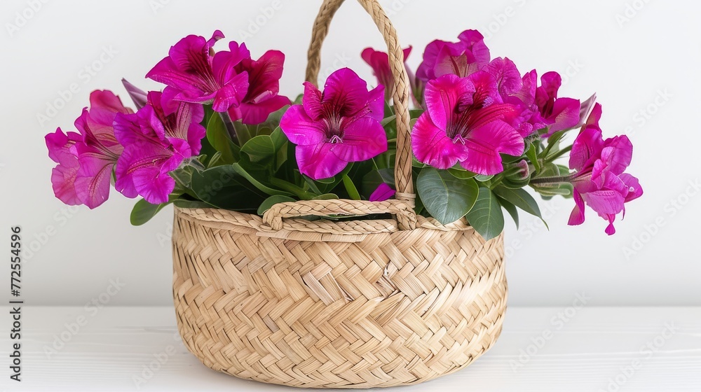 a basket filled with purple flowers sitting on top of a white table with a white wall in the back ground. a basket filled with purple flowers sitting on top of a white table with a white wall in the back ground.