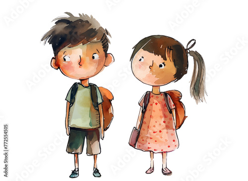 Set of watercolor children in full growth. Vector girl and boy schoolchildren