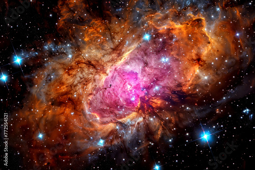 Colorful nebula in deep space, galactic astronomy with starts dust and gas, universe astrophotography simulation