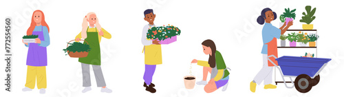 Children gardeners isolated cartoon characters growing herbs, micro greens and home flowers