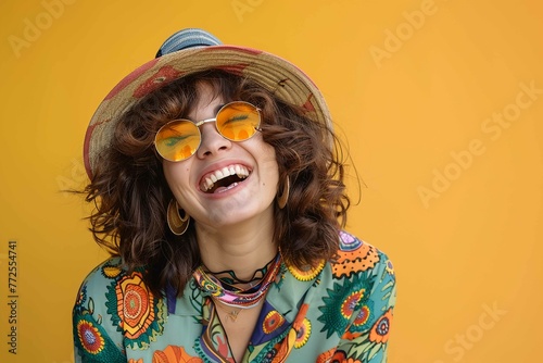 a young cheerful woman laughing in vivid 70s fashion against a solid colored backdrop © Tasriv