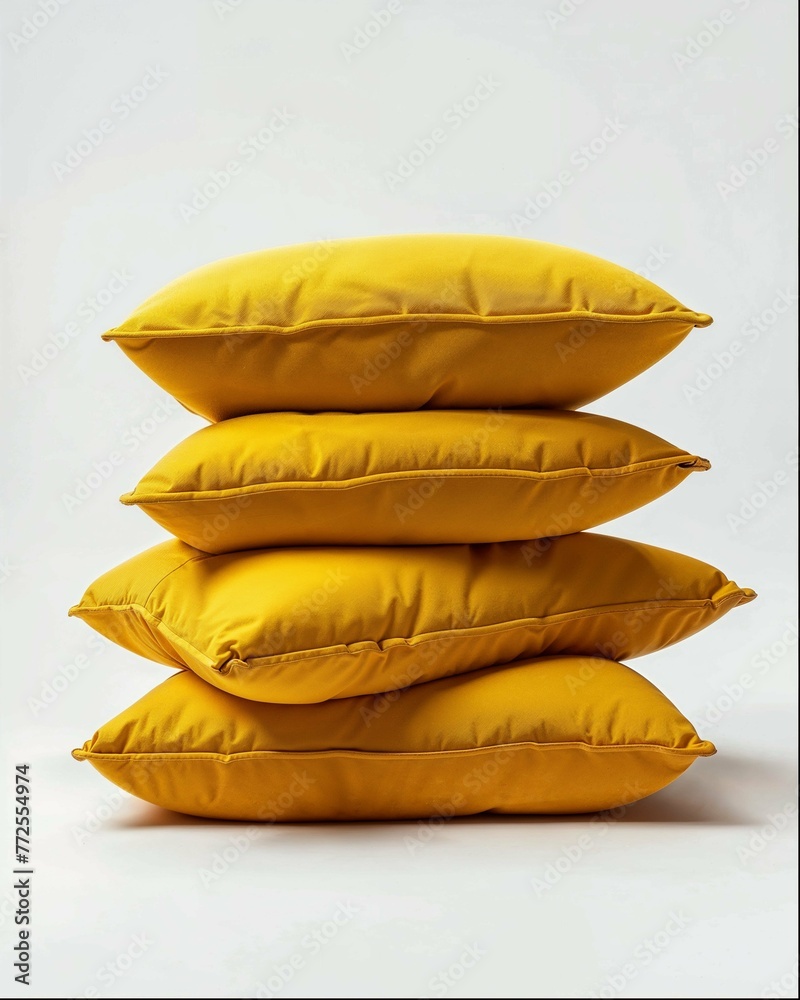 Obraz premium A stack of four yellow pillows against a white background in product photography with studio lighting creating soft shadows and high resolution photography with professional color grading and sharp
