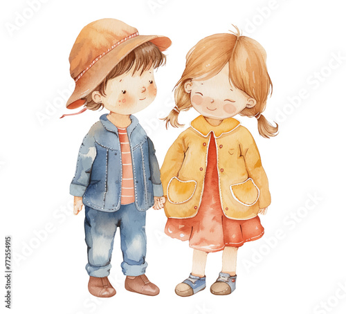 Cute watercolor boy and girl holding hands. Watercolor children vector illustration