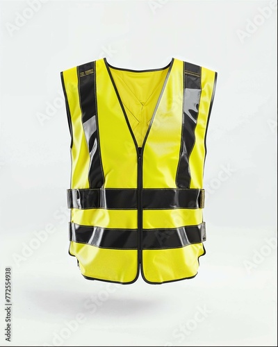 High visibility yellow vest with black stripes, front view, white background, product shot, product photography, studio lighting, high resolution, hyper realistic