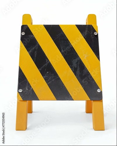 A simple yellow and black striped roadblock sign on wooden legs in the style of on white background (ID: 772554963)