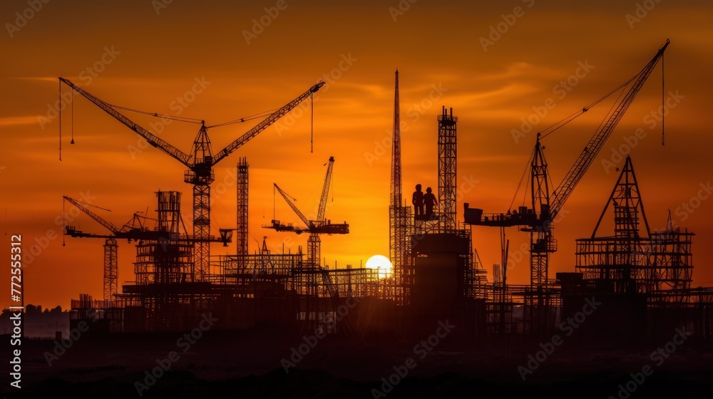 Construction site, cranes and scaffolding silhouette.