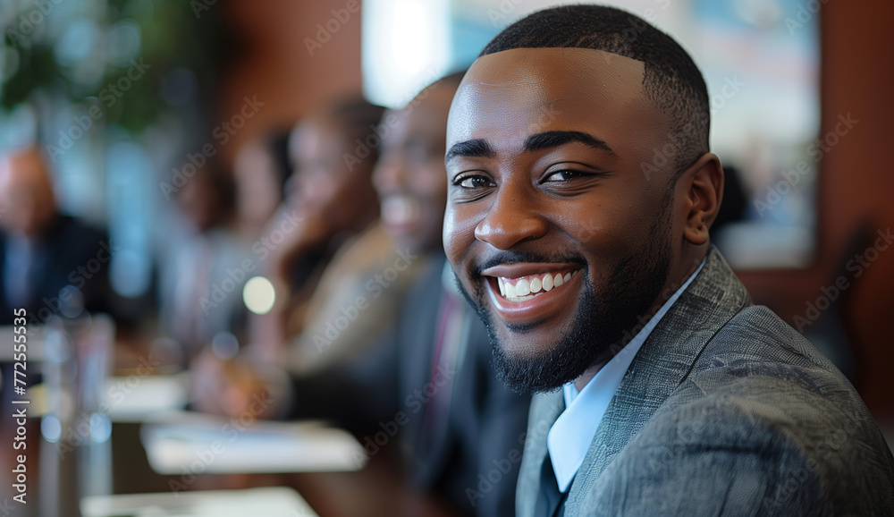 Smiling Businessman at Professional Conference. Charismatic businessman with a beaming smile participating in a professional conference among colleagues. - obrazy, fototapety, plakaty 