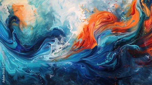 A colorful abstract painting with a blue and orange swirl. The painting is full of energy and movement, with the blue and orange colors blending together to create a dynamic and vibrant scene © MdAwlad