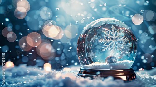 A snow globe with falling snowflakes, creating an enchanting winter scene. The background is blurred to highlight the crystal ball and its delicate snowflake design in the style of no artist.


 photo