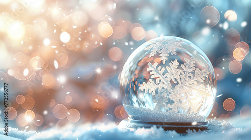 A snow globe with falling snowflakes, creating an enchanting winter scene. The background is blurred to highlight the crystal ball and its delicate snowflake design in the style of no artist.


 photo