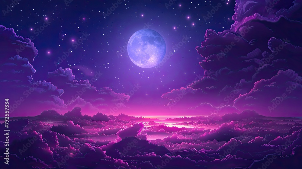 Purple gradient mystical moonlight sky with clouds and stars