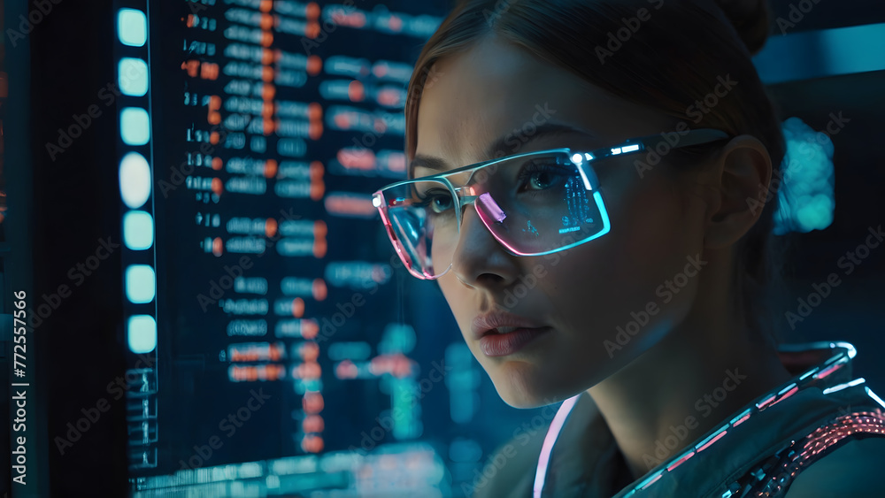 A woman working in a futuristic environment. A woman working in a futuristic environment.