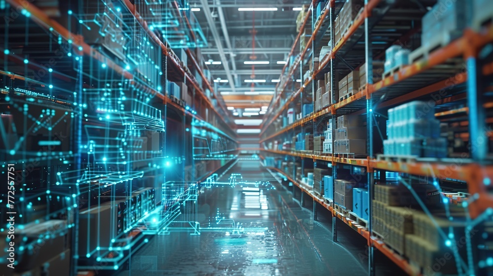 Futuristic Technology Retail Warehouse: Digitalization and Visualization of Industry 4.0 Process that Analyzes Goods, Ai generated high quality image ,4k