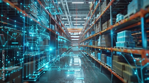 Futuristic Technology Retail Warehouse: Digitalization and Visualization of Industry 4.0 Process that Analyzes Goods, Ai generated high quality image ,4k