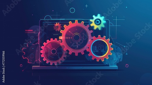 Laptop with gears. Colorful modern illustration