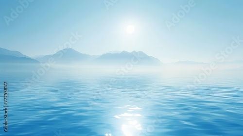 a large body of water with a mountain range in the distance and a bright sun in the sky above it.