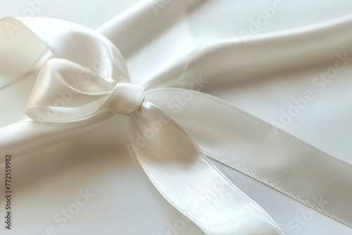 A white ribbon is tied in a bow