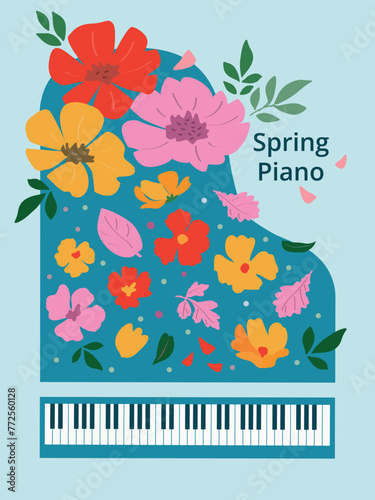 Artistic Spring poster with blue piano leaves, flowers and text, on a light blue  background. Modern geometric style. For music magazines; banners; banners; invitation cards