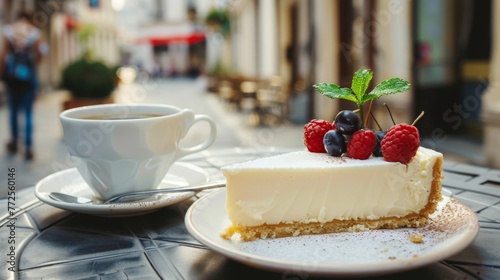 Cheesecake dessert and cup of coffee on table in street cafe. Background concept