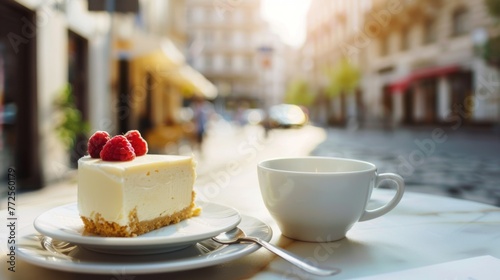 Cheesecake dessert and cup of coffee on table in street cafe. Background concept