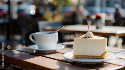 Cheesecake dessert and cup of coffee on table in street cafe. Background concept