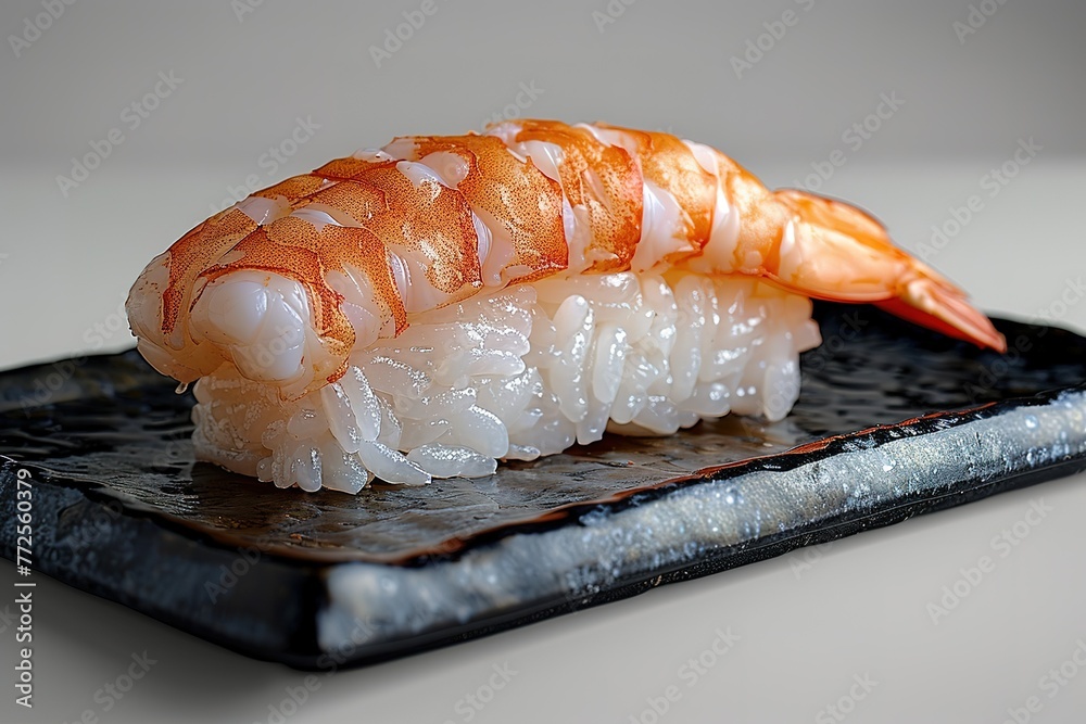 A single piece of sushi with shrimp on top, presented in an isolated black square plate